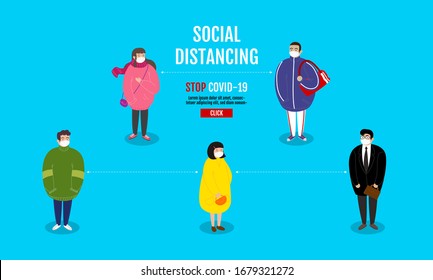 Social Distancing concept , People keeping distance for infection risk and disease, wearing a surgical protective Medical mask for prevent virus Covid-19 (Coronavirus). Cartoon Character.