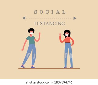 Social distancing concept. People keeping distance for infection risk and disease ,wearing a surgical protective Medical mask for prevent virus Covid-19. Health care concept. Corona virus. Vector.
