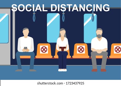 Social distancing concept, people on train keep space between each chair for avoid getting virus, vector flat design.