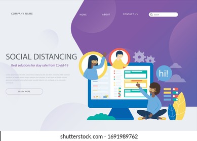 Social distancing concept people sitting at their home and doing work from home to prevent COVID-19 corona virus, web design template design ,vector(Eps-10)