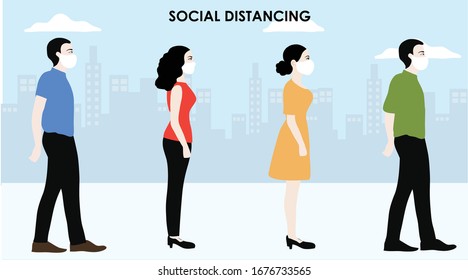 Social distancing concept people standing away to prevent COVID-19 disease virus vector illustation