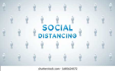 Social distancing concept people standing away to prevent COVID-19 coronavirus disease. Background with realistic 3d white. Vector illustration