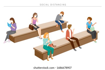 Concepto De Distancia Social, Personas Con Máscaras Quirúrgicas Sentadas A Distancia, Protección Para La Enfermedad De Coronavirus, Covid-19, Estilo De Vida, Ocio, Hobby