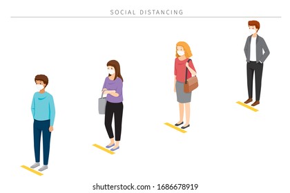 Social Distancing Concept, People Wearing Surgical Masks Standing With Distance In Queue, Protection For Coronavirus Disease, Covid-19, Lifestyle, Leisure, Hobby