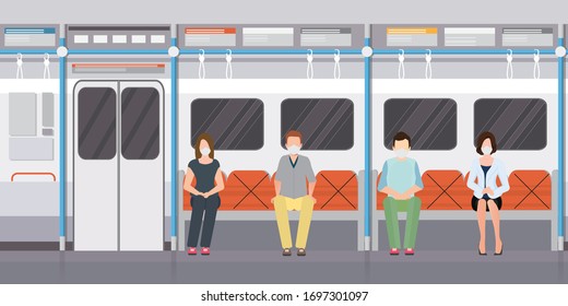 Social distancing concept with people wearing medical masks on subway train. keep spaces between each chairs make separate for social distancing to avoid spreading illness covid-19,vector illustration