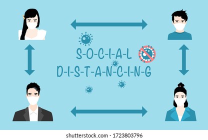 Social distancing concept. People wearing medical mask and keep distance during Coronavirus pandemic. vector illustration.  