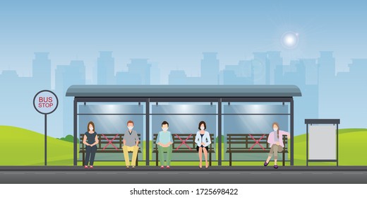 Social distancing concept with people wearing medical masks at the bus stop.keep spaces between each chairs make separate for social distancing,avoid spreading illness of COVID-19.vector illustration.