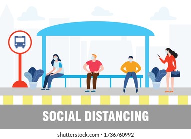 Social distancing concept with people wearing medical masks at the bus stop during covid-19. Coronavirus outbreak new normal lifestyle.
avoid spreading illness of COVID-19.vector illustration.