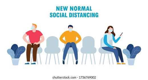 Social distancing concept, people wearing medical masks at seat during covid-19. New normal lifestyle in daily after Coronavirus outbreak isolated on white background vector illustration.