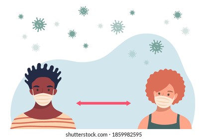 Social distancing concept. People wearing protective masks and keeping distance in public society to prevent COVID-19 coronavirus spreading.