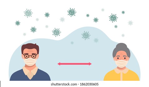 Social distancing concept. People wearing protective masks and keeping distance in public society to prevent COVID-19 coronavirus spreading.