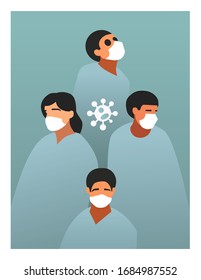 Social distancing concept people in white medical face mask to protect from corona virus covid-19. vector illustration