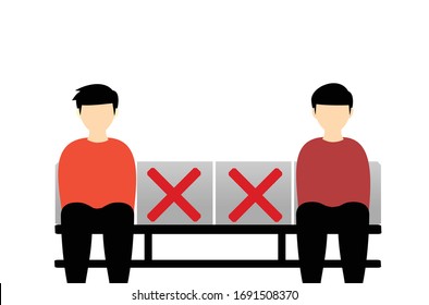 Social distancing concept. Physical distancing sitting in a public chair. Keep distance in society to protect from coronavirus or COVID-19. Self protection. Information. Illustration 
 vector