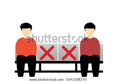 Social distancing concept. Physical distancing sitting in a public chair. Keep distance in society to protect from coronavirus or COVID-19. Self protection. Information. Illustration 
 vector