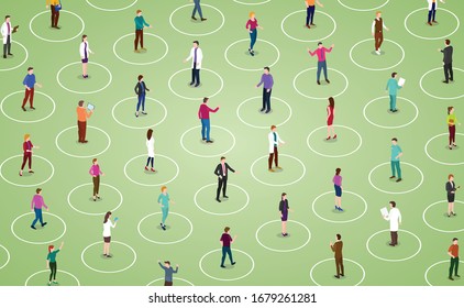 social distancing concept for preventing coronavirus covid-19 with people keeping a circular distance boundary in modern isometric style