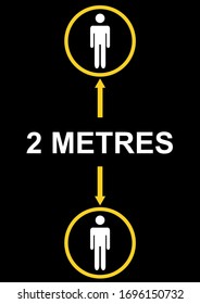 Social distancing concept for preventing coronavirus covid-19 with icon people in yellow circle keeping distance 2 metres on Black background