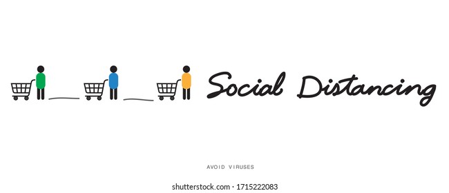 Social distancing concept for preventing coronavirus covid-19 with Wording Social distancing and Shopping cart with a man icon to keeping distance on white background