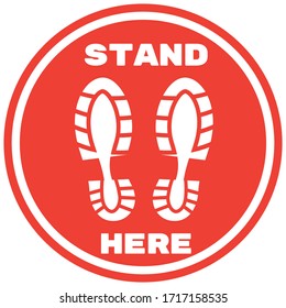 Social distancing concept for preventing coronavirus covid-19 with footprint stand here on red circle with white border and red background