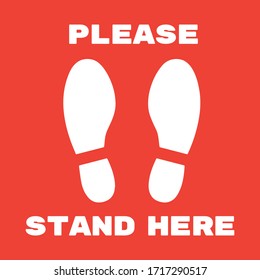 Social distancing concept for preventing coronavirus covid-19 with white footprint stand here on red background