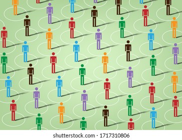 social distancing concept for preventing coronavirus covid-19 with people keeping a circular distance boundary in modern isometric style. Keep distance in public society people background 