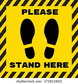 Social distancing concept for preventing coronavirus covid-19 with black footprint wording please stand here on yellow background