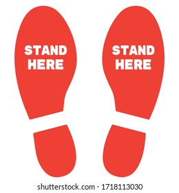 Social distancing concept for preventing coronavirus covid-19 with white wording stand here on Red foot print background
