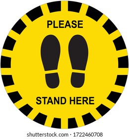 Social distancing concept for preventing coronavirus covid-19 with black footprint and wording please stand here in yellow-black tape sign 