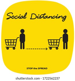 Social distancing concept for preventing coronavirus covid-19 with Wording Social distancing and Shopping cart with a man icon to keeping distance on yellow shape background