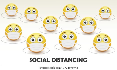 Social distancing concept for preventing coronavirus, covid-19. Emoticons wearing masks keeping a circular distance boundary.Keep distance in public.Mask emoji.Sick emoticon.