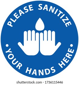 Social distancing concept for preventing coronavirus covid-19 with white wording Sanitize your hands here on blue circle background