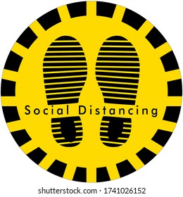 Social distancing concept for preventing coronavirus covid-19 with black footprint and wording social distancing in yellow-black tape sign 