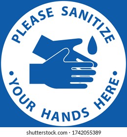 Social distancing concept for preventing coronavirus covid-19 with blue wording Sanitize your hands here on white circle and blue background