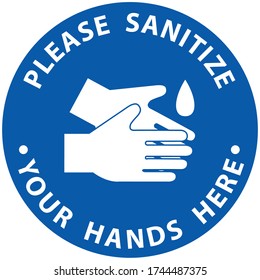 Social distancing concept for preventing coronavirus covid-19 with white wording Sanitize your hands here on blue circle background