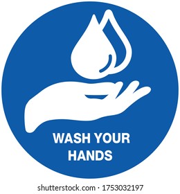 Social distancing concept for preventing coronavirus covid-19 with white wording Sanitize your hands here on blue circle background