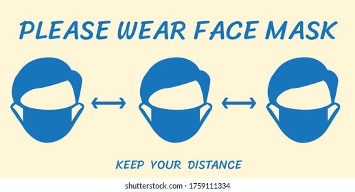 Social distancing concept for preventing coronavirus covid-19 with wording please wear face mask and  keep your distance. warning or caution sign. 