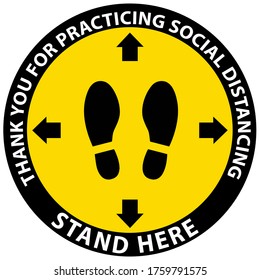 Social distancing concept for preventing coronavirus covid-19 with wording Thank you for practicing social distancing, stand here on yellow circle background