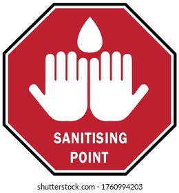 Social distancing concept for preventing coronavirus covid-19 with wash hands icon and wording sanitising point in white color on red background