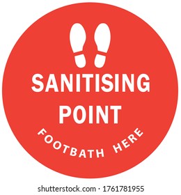 Social distancing concept for preventing coronavirus covid-19 with footprint icon and wording Sanitising footbath on red circle background