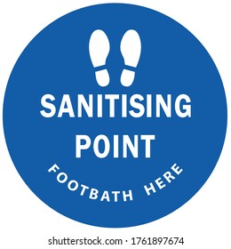 Social distancing concept for preventing coronavirus covid-19 with footprint icon and wording Sanitising footbath on blue circle background