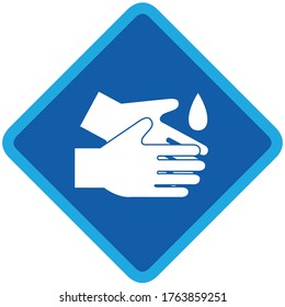 Social distancing concept for preventing coronavirus covid-19 with Sanitize hands icon on blue background.warning or caution sign. 