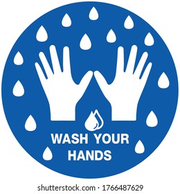 Concepto de distanciamiento social para prevenir el coronavirus covid-19 con la redacción lavar las manos sobre el fondo del círculo azul. signo de advertencia o precaución.   