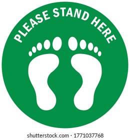 Social distancing concept for preventing coronavirus covid-19 with white foot print and wording Please stand here on green circle background
