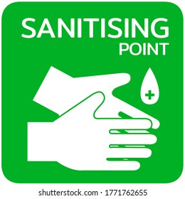 Social distancing concept for preventing coronavirus covid-19 with white wording Sanitising point on green background.warning or caution sign. 