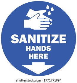 Social distancing concept for preventing coronavirus covid-19 with wash hands icon and wording sanitize hands here in white color on blue background