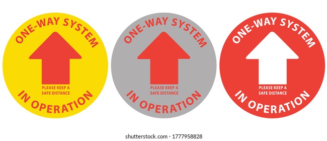 Social Distancing Concept For Preventing Coronavirus Covid-19 With Arrow And Wording One Way System In Operation On Circle. Warning Or Caution Sign. 