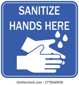 Social distancing concept for preventing coronavirus covid-19 with wash hands icon and wording sanitize hands here in white color on blue background