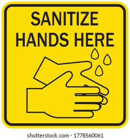 Social distancing concept for preventing coronavirus covid-19 with wash hands icon and wording sanitize hands here in black color on yellow background