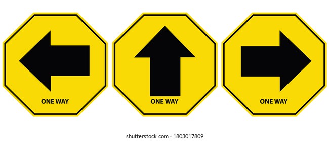 Social distancing concept for preventing coronavirus covid-19 with Arrow and wording One way on yellow background. warning or caution sign. 