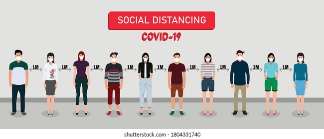 Social distancing concept for preventing coronavirus covid-19 with people.Flat vector design