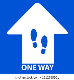 Social distancing concept for preventing coronavirus covid-19. arrow icon with wording one way in white on blue background,vector illustration. 
